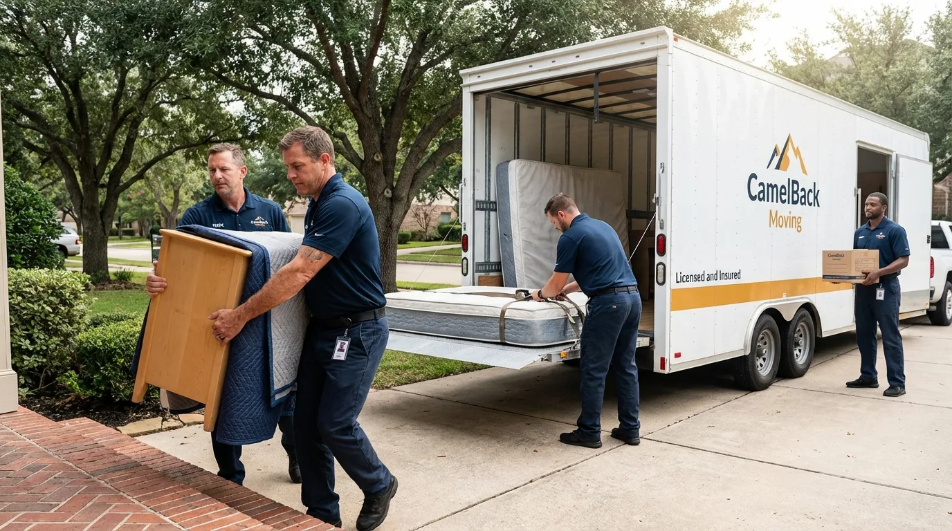 Crew loading residential truck for cross-state move from Bullard, TX