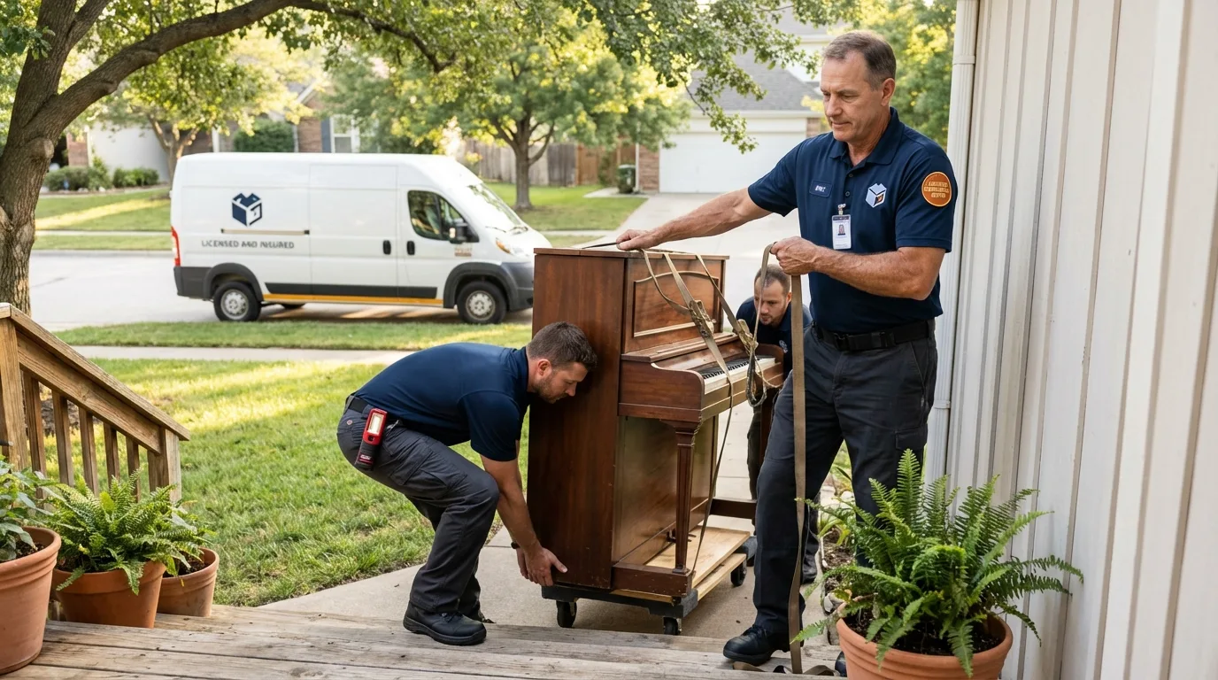 Licensed piano movers securing grand piano in Bullard, TX
