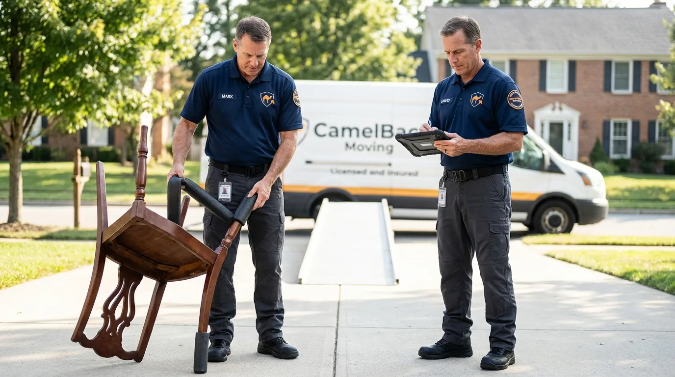 Movers inspecting furniture for damage prevention before loading in Bullard, TX