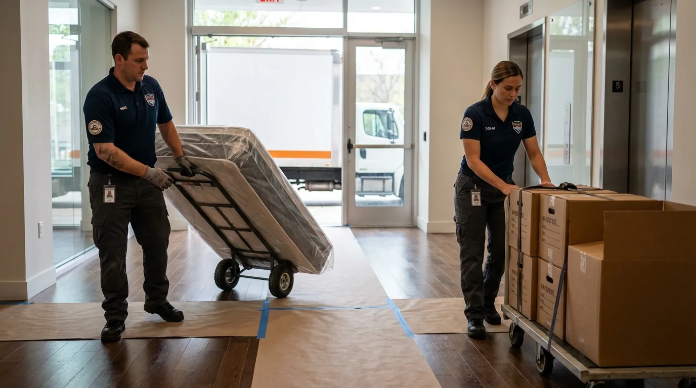 Professional apartment movers loading elevator in Bullard, TX