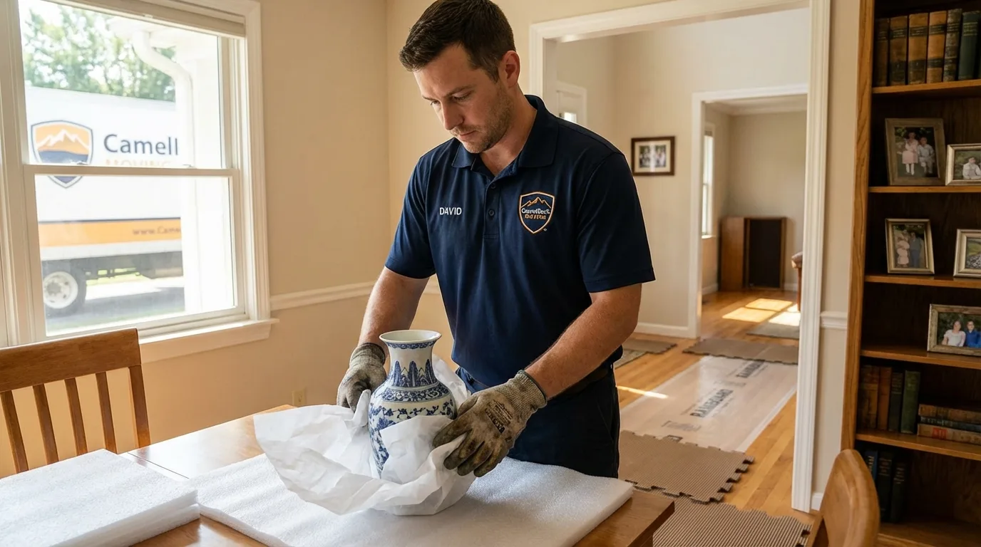 Professional crew carefully wrapping antique vase for senior downsizing move in Bullard, TX